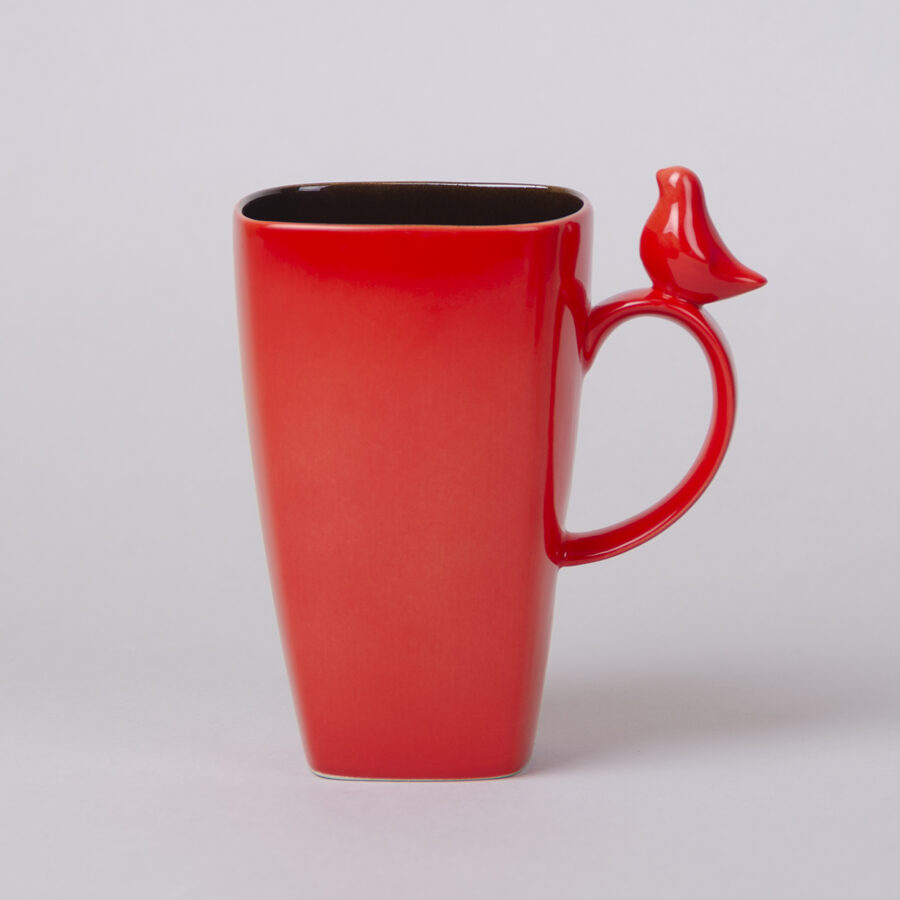 Large ceramic mug with bird figurine, Scarlet red