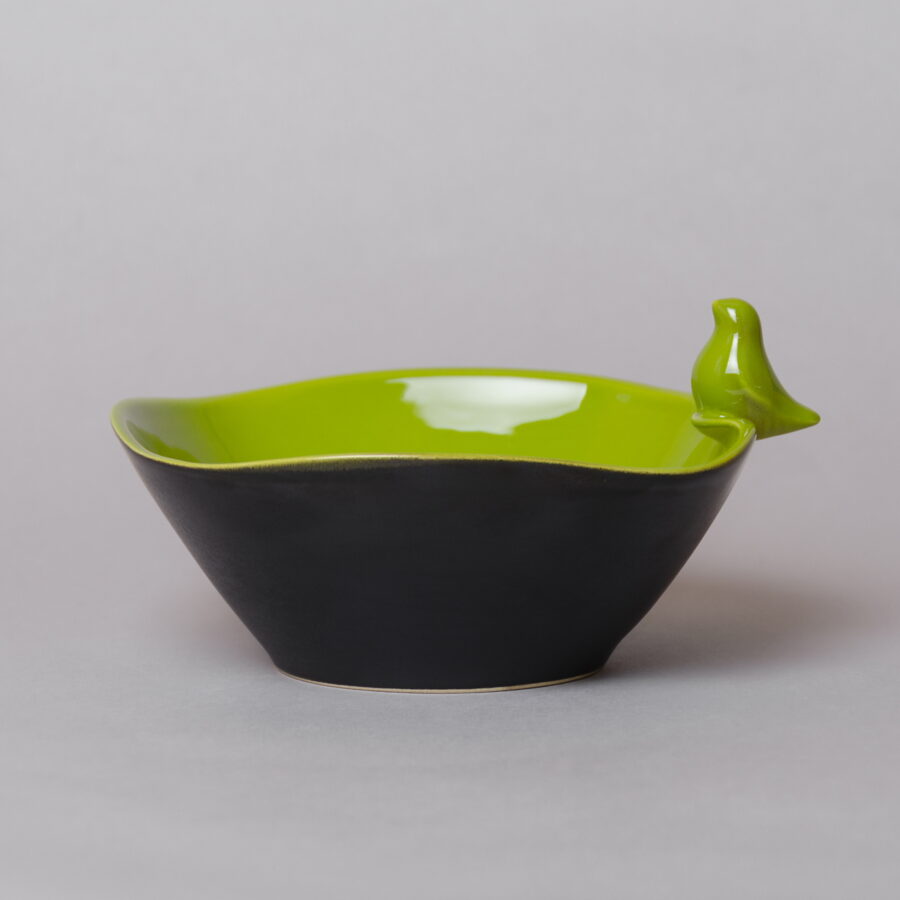 Ceramic snack bowl with bird figurine, kelly green