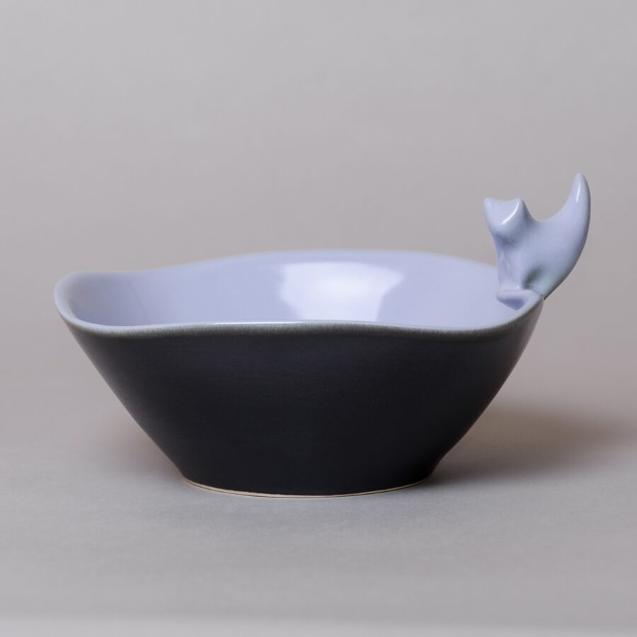 Ceramic snack bowl with cat figurine, sky blue