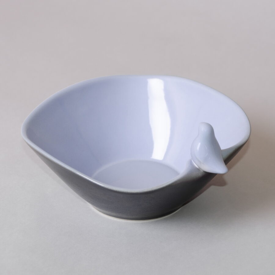 Ceramic snack bowl with bird figurine, sky blue