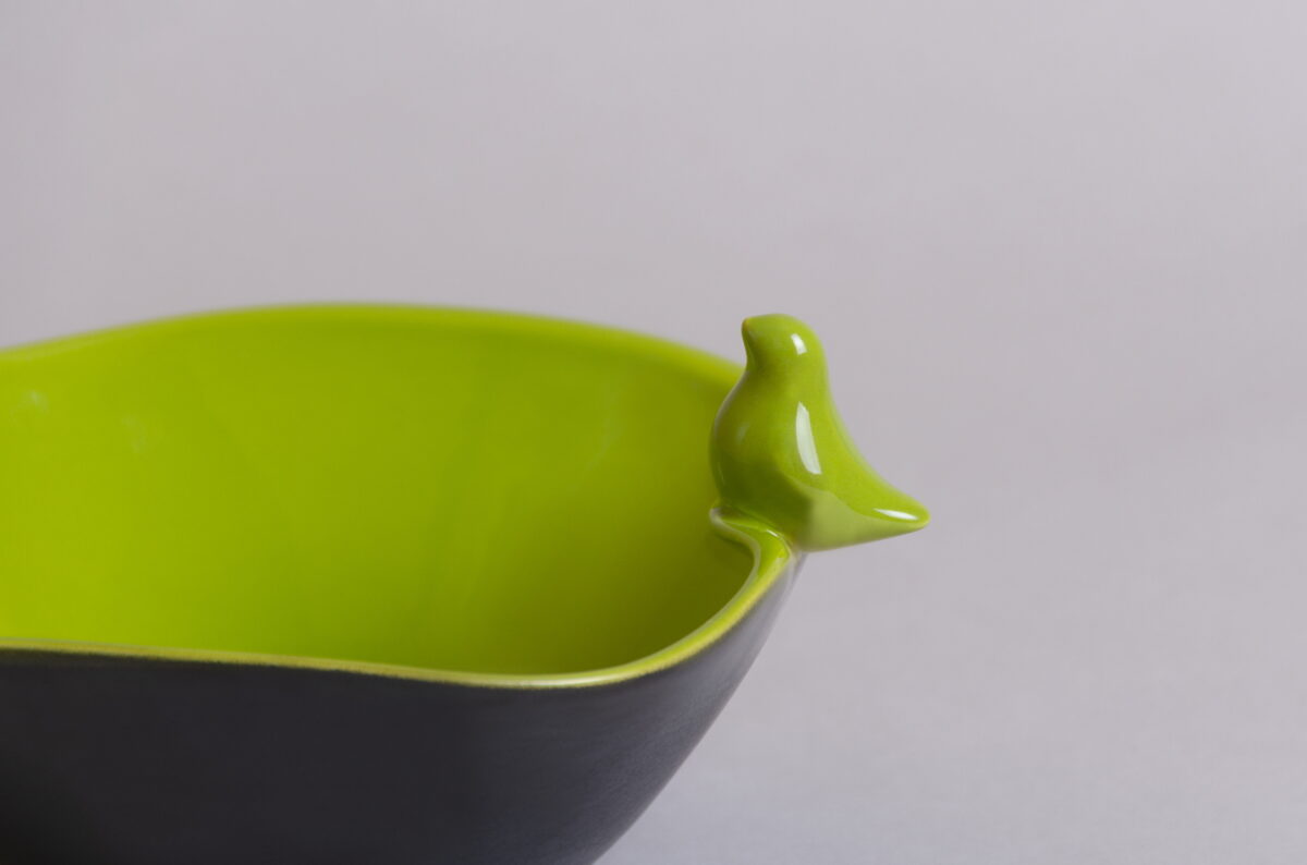Ceramic snack bowl with bird figurine, kelly green