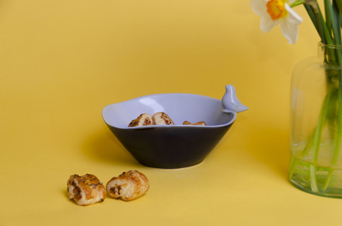 Ceramic snack bowl with bird figurine, sky blue