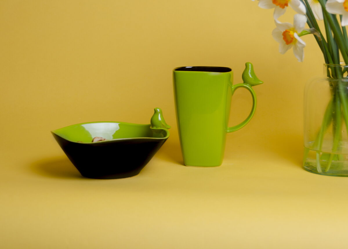 Large ceramic mug with bird figurine, kelly green
