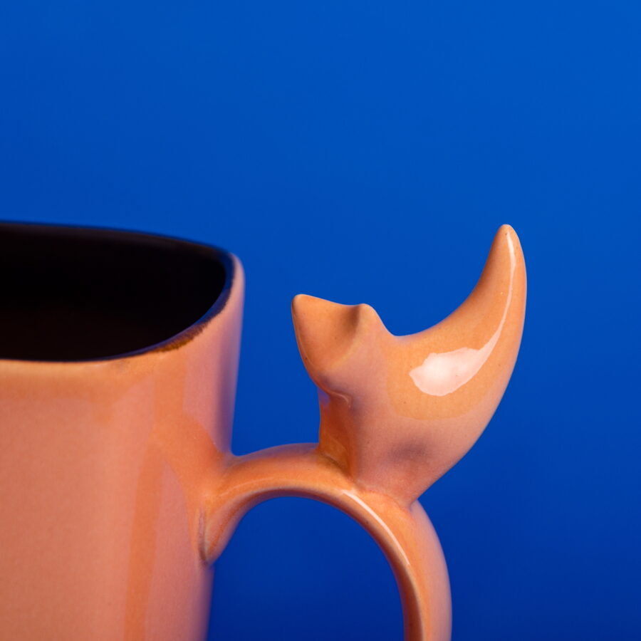 Large ceramic mug with cat figurine, salmon pink