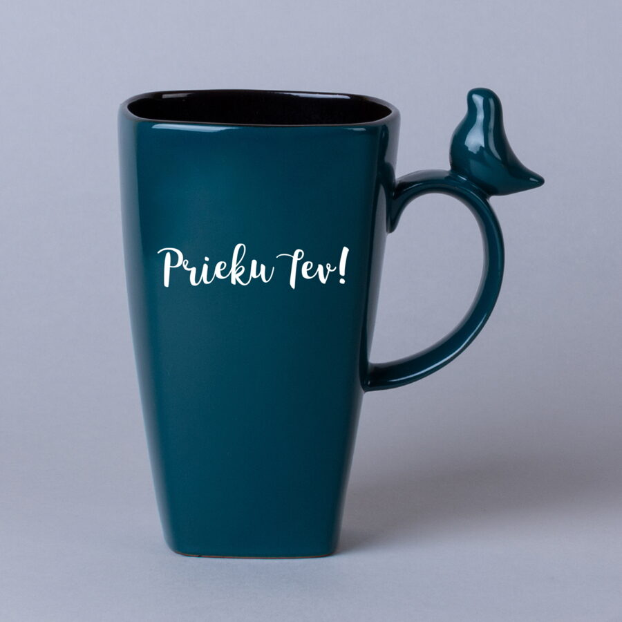 Large ceramic mug with bird figurine "Prieku Tev"
