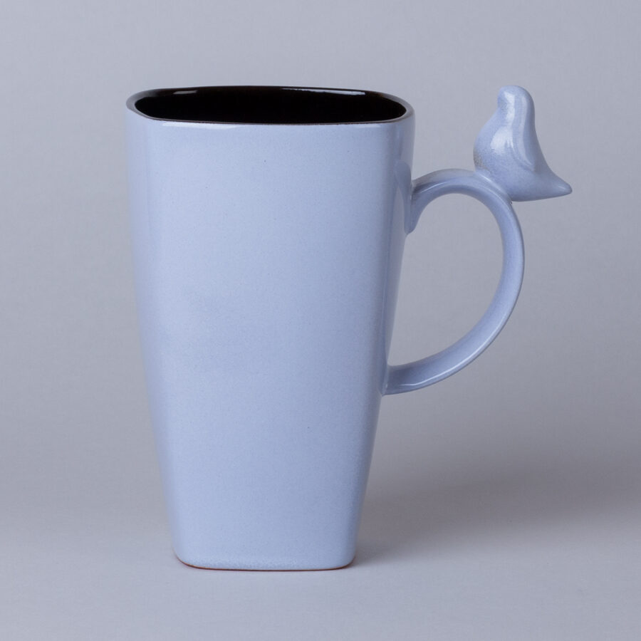 Large ceramic mug with bird figurine, sky blue