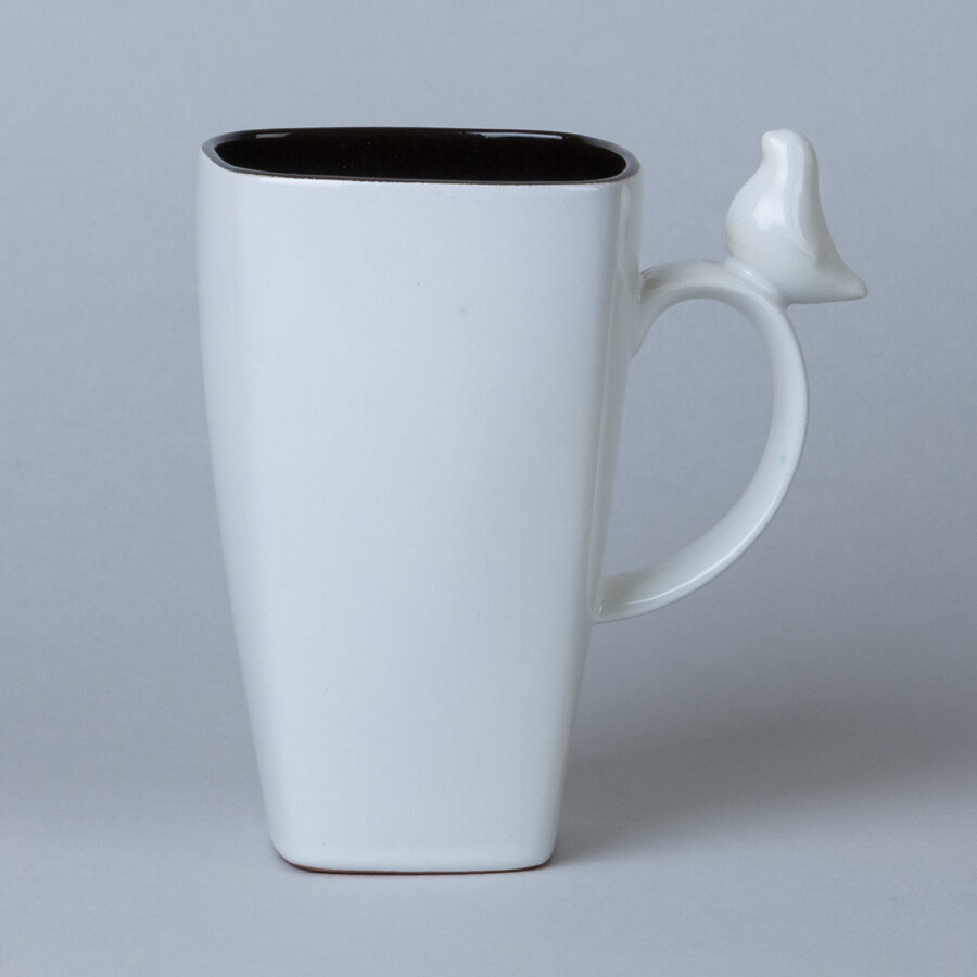 Large ceramic mug with bird figurine, snow white