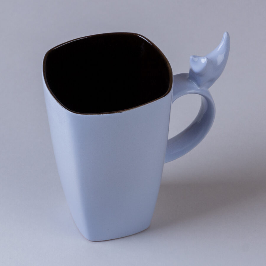 Large ceramic mug with cat figurine, sky blue