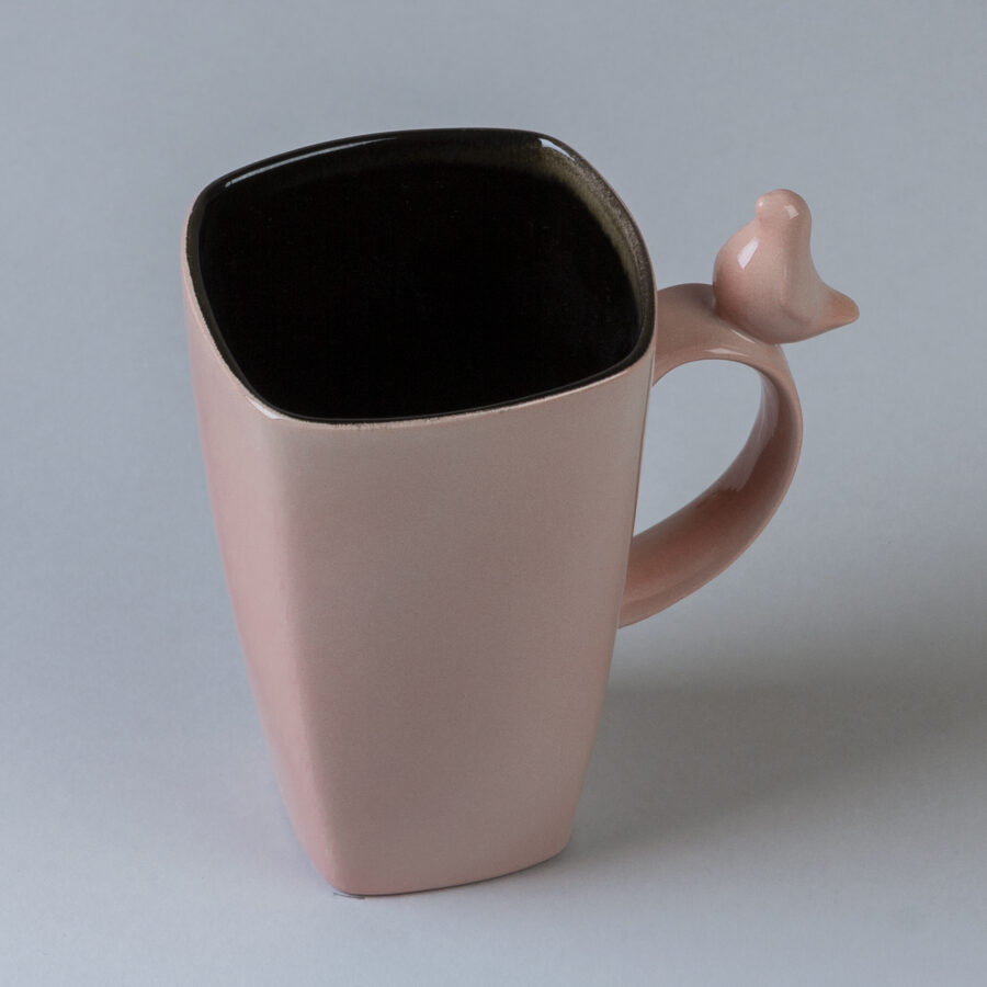 Large ceramic mug with bird figurine, dusty pink
