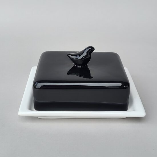 Ceramic butter dish with a little bird, Black