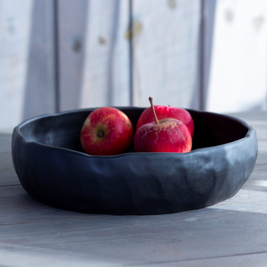 Dailrade Ceramics handmade black ceramic fruit bowl with red apples